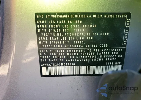 2025 Volkswagen Taos S z USA, uszkodzony, nr VIN 3VV5C7B29SM038090